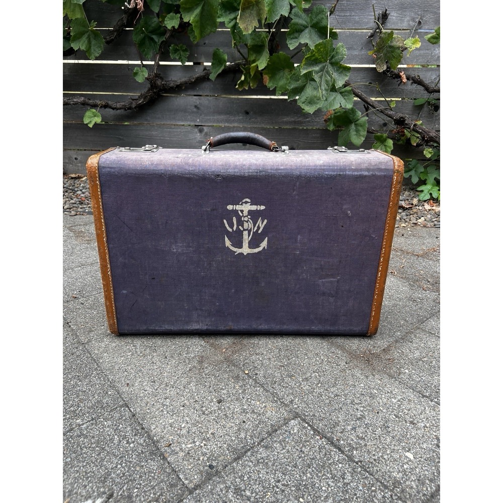 Vintage WWII Us Navy Suitcase Folk Art Custom Purple With Denim Liner Peterson